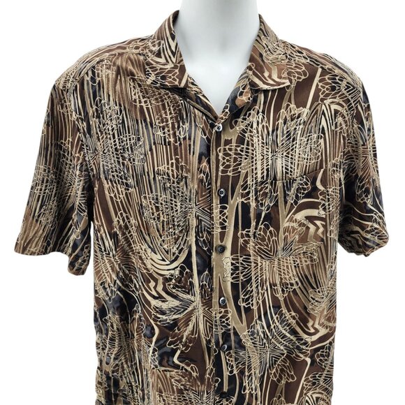 Axis LA Mens Medium Shirt Silk Hawaiian Floral Tan Brown Black Tropical Party - Picture 2 of 10